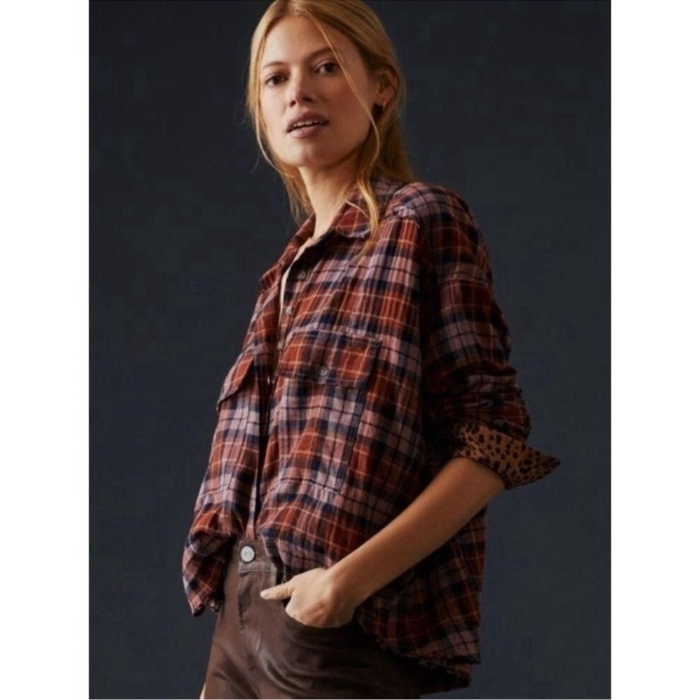 Anthropologie Pilcro Cropped Plaid Shirt Leopard Print Contrast Sz M